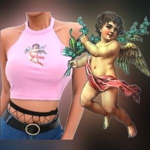 Dolls kill baby pink cherub angel graphics tie neck cropped halter top L NWOT